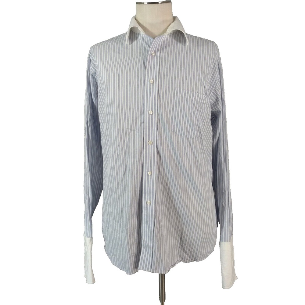 Donald J Trump Dress Shirt Mens Large Blue Stripe French Cuff Oxford Luxury